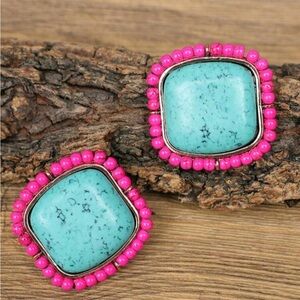 Turquoise and Pink Beaded Stud Earrings